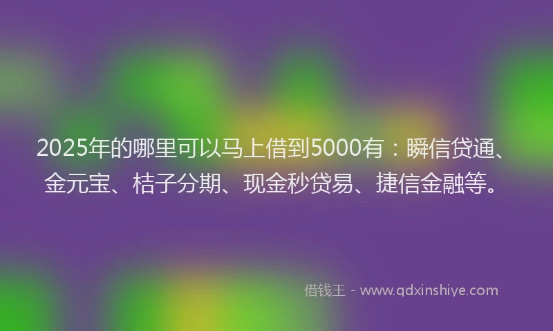 2025年的哪里可以马上借到5000有:瞬信贷通、金元宝、桔子分期、现金秒贷易、捷信金融等。