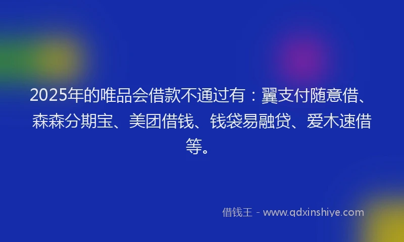 2025年的唯品会借款不通过有：翼支付随意借、森森分期宝、美团借钱、钱袋易融贷、爱木速借等。