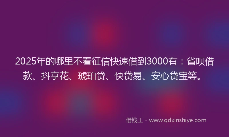 2025年的哪里不看征信快速借到3000有：省呗借款、抖享花、琥珀贷、快贷易、安心贷宝等。