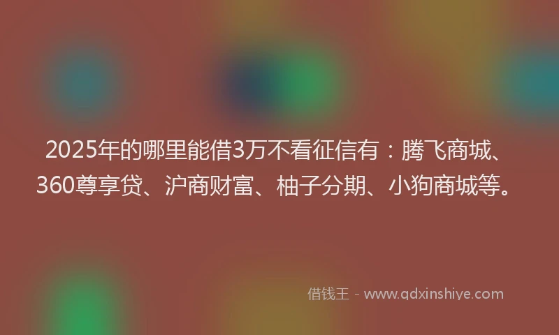 2025年的哪里能借3万不看征信有：腾飞商城、360尊享贷、沪商财富、柚子分期、小狗商城等。