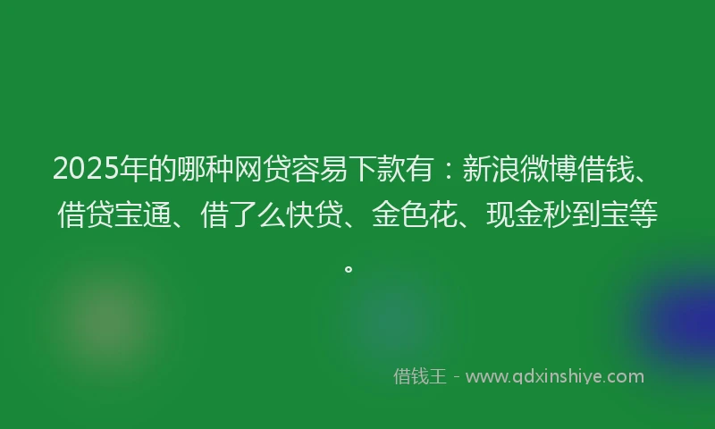 2025年的哪种网贷容易下款有：新浪微博借钱、借贷宝通、借了么快贷、金色花、现金秒到宝等。