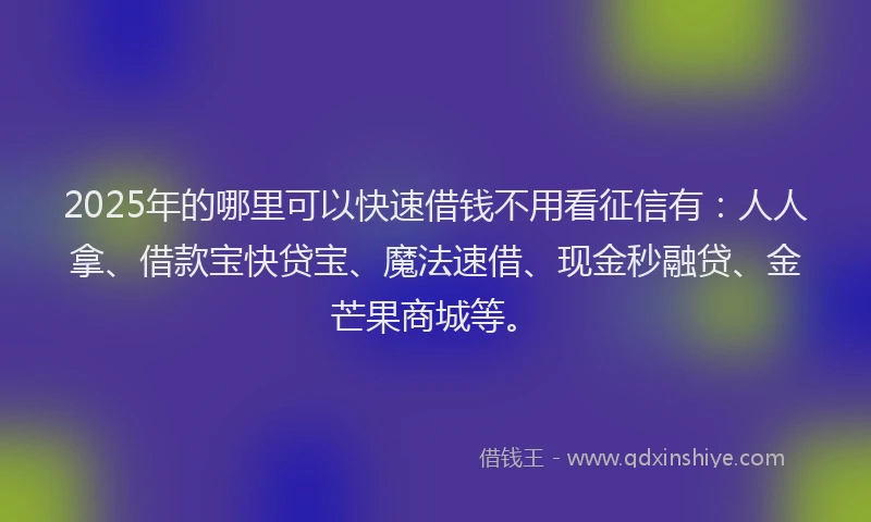 2025年的哪里可以快速借钱不用看征信有：人人拿、借款宝快贷宝、魔法速借、现金秒融贷、金芒果商城等。