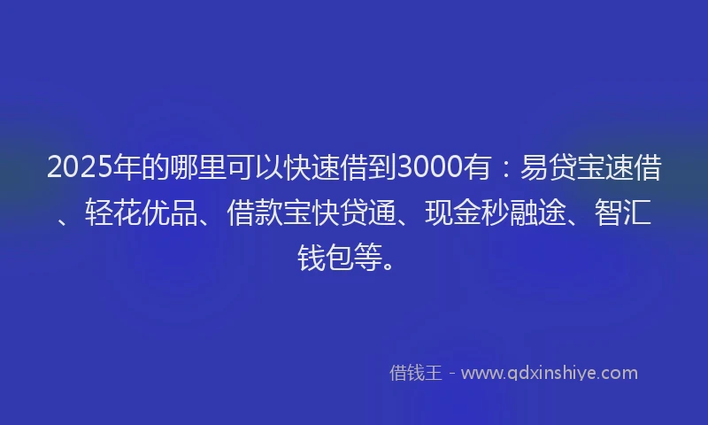 2025年的哪里可以快速借到3000有：易贷宝速借、轻花优品、借款宝快贷通、现金秒融途、智汇钱包等。