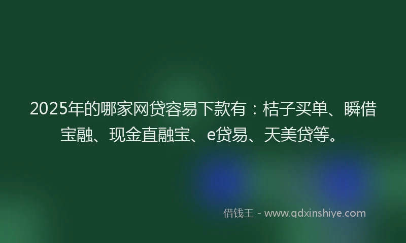 2025年的哪家网贷容易下款有：桔子买单、瞬借宝融、现金直融宝、e贷易、天美贷等。