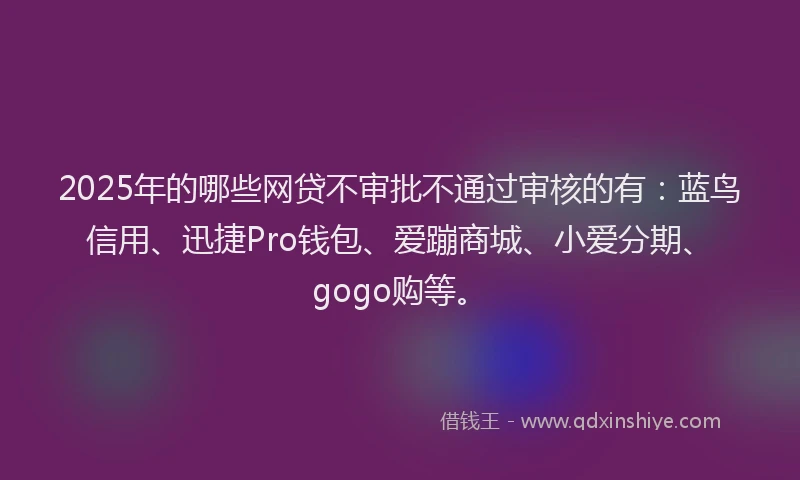 2025年的哪些网贷不审批不通过审核的有：蓝鸟信用、迅捷Pro钱包、爱蹦商城、小爱分期、gogo购等。