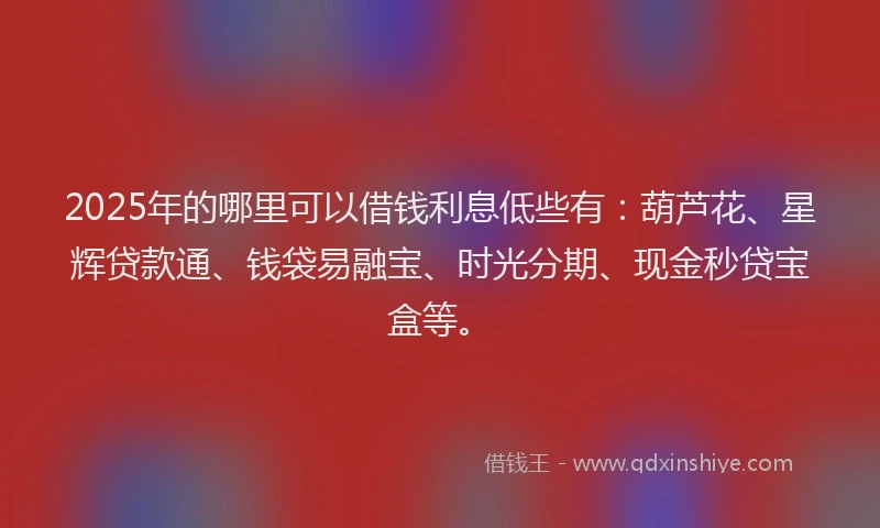 2025年的哪里可以借钱利息低些有：葫芦花、星辉贷款通、钱袋易融宝、时光分期、现金秒贷宝盒等。