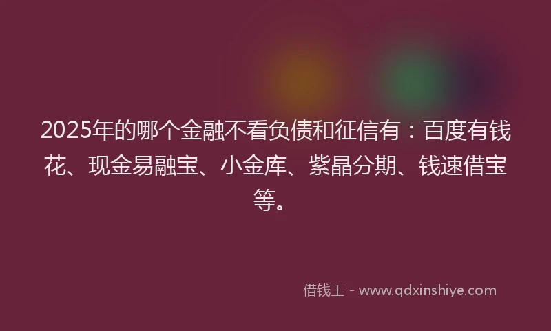 2025年的哪个金融不看负债和征信有：百度有钱花、现金易融宝、小金库、紫晶分期、钱速借宝等。