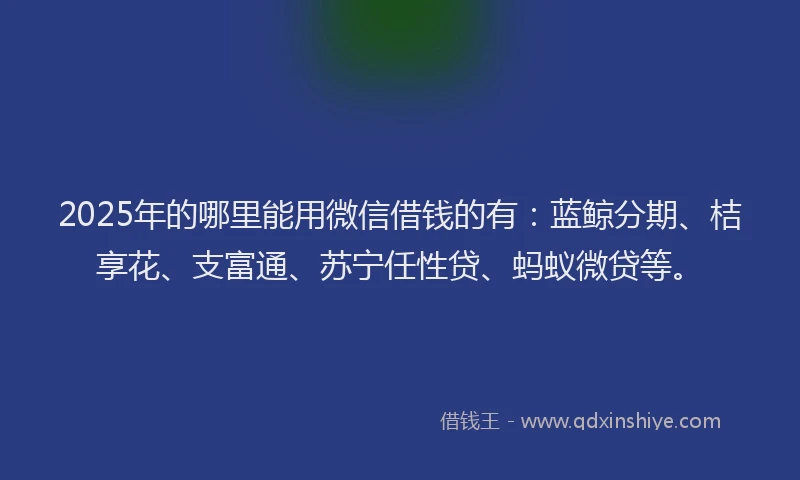 2025年的哪里能用微信借钱的有：蓝鲸分期、桔享花、支富通、苏宁任性贷、蚂蚁微贷等。