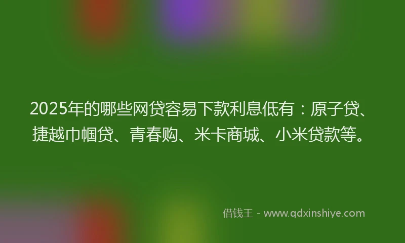2025年的哪些网贷容易下款利息低有：原子贷、捷越巾帼贷、青春购、米卡商城、小米贷款等。