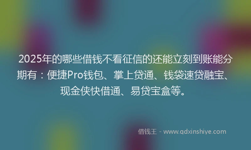 2025年的哪些借钱不看征信的还能立刻到账能分期有：便捷Pro钱包、掌上贷通、钱袋速贷融宝、现金侠快借通、易贷宝盒等。