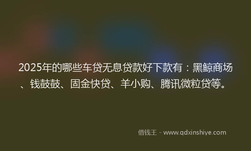 2025年的哪些车贷无息贷款好下款有：黑鲸商场、钱鼓鼓、固金快贷、羊小购、腾讯微粒贷等。