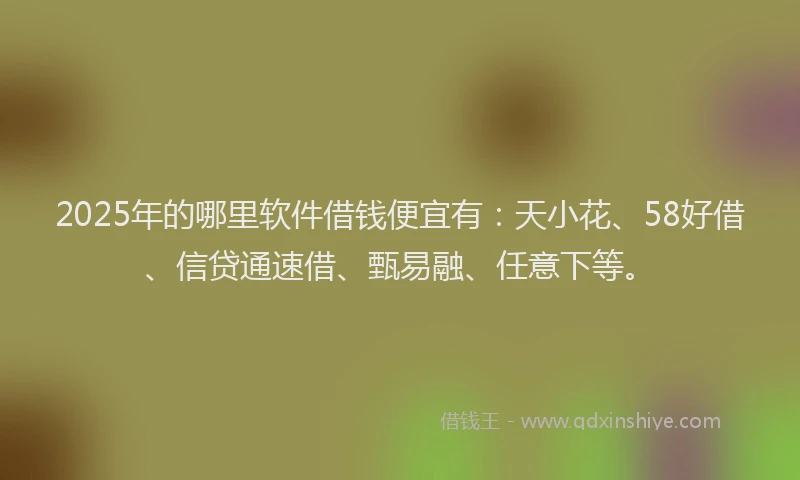 2025年的哪里软件借钱便宜有：天小花、58好借、信贷通速借、甄易融、任意下等。