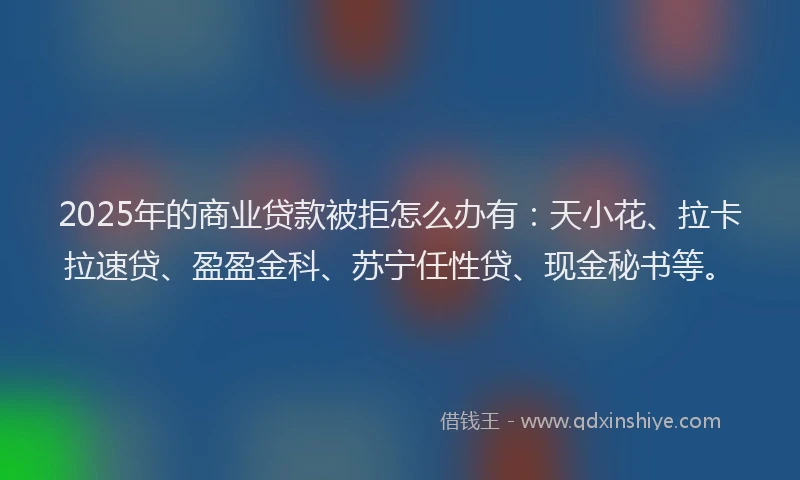 2025年的商业贷款被拒怎么办有：天小花、拉卡拉速贷、盈盈金科、苏宁任性贷、现金秘书等。
