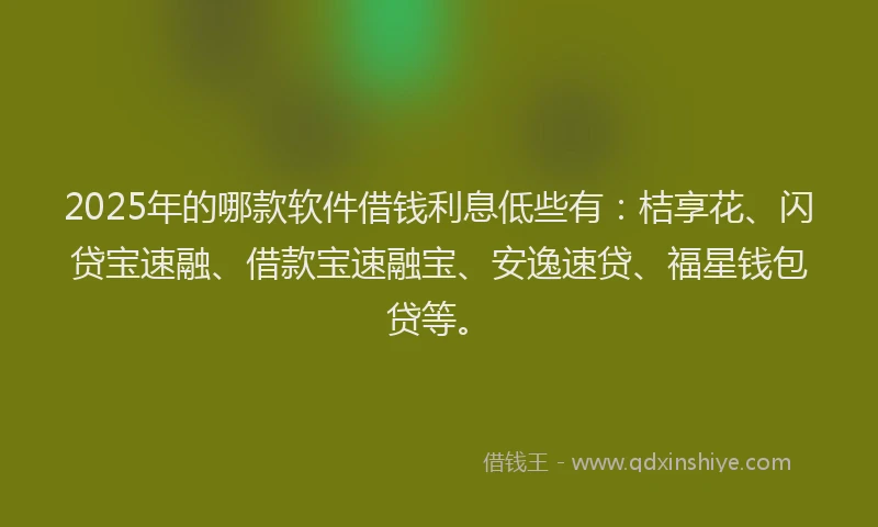 2025年的哪款软件借钱利息低些有：桔享花、闪贷宝速融、借款宝速融宝、安逸速贷、福星钱包贷等。
