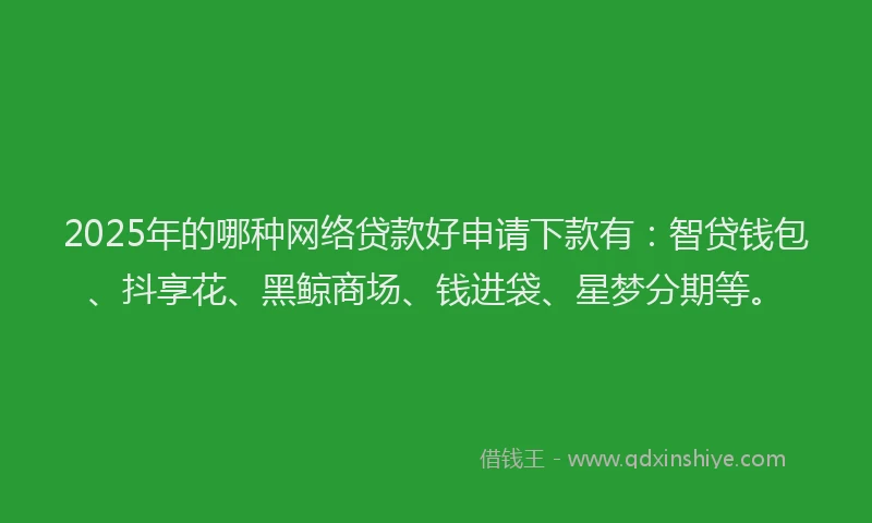 2025年的哪种网络贷款好申请下款有:智贷钱包、抖享花、黑鲸商场、钱进袋、星梦分期等。