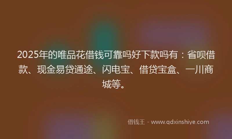 2025年的唯品花借钱可靠吗好下款吗有:省呗借款、现金易贷通途、闪电宝、借贷宝盒、一川商城等。