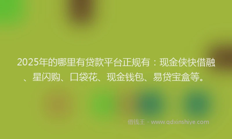 2025年的哪里有贷款平台正规有:现金侠快借融、星闪购、口袋花、现金钱包、易贷宝盒等。