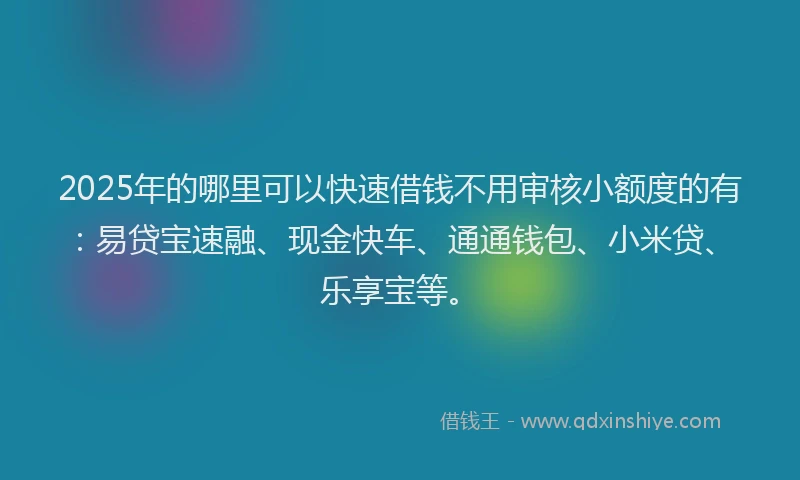 2025年的哪里可以快速借钱不用审核小额度的有：易贷宝速融、现金快车、通通钱包、小米贷、乐享宝等。