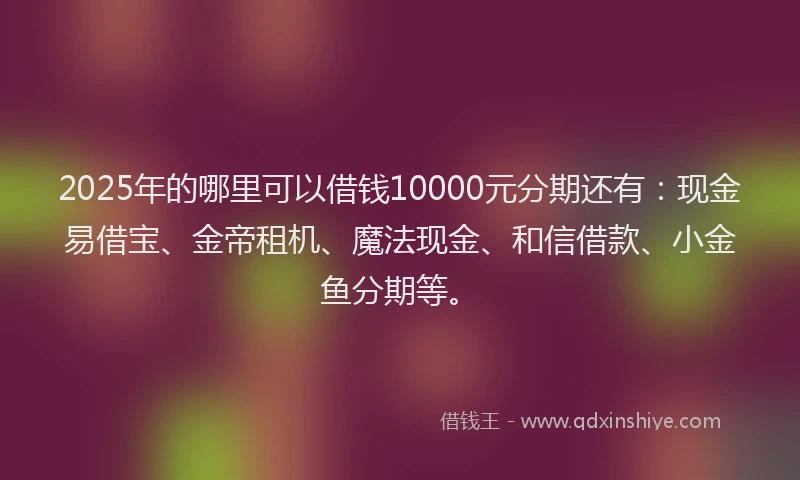 2025年的哪里可以借钱10000元分期还有：现金易借宝、金帝租机、魔法现金、和信借款、小金鱼分期等。