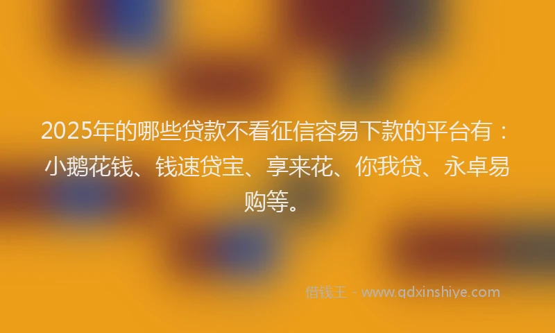 2025年的哪些贷款不看征信容易下款的平台有：小鹅花钱、钱速贷宝、享来花、你我贷、永卓易购等。