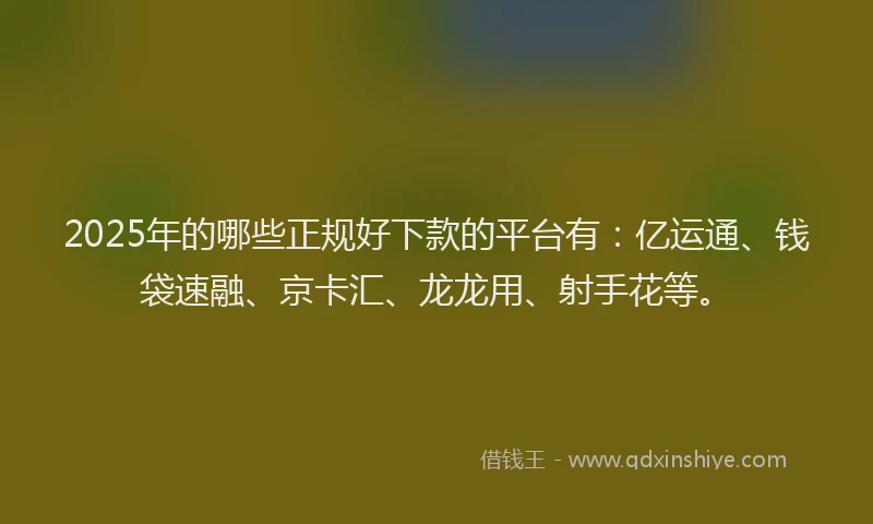 2025年的哪些正规好下款的平台有：亿运通、钱袋速融、京卡汇、龙龙用、射手花等。