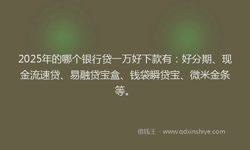 2025年的哪个银行贷一万好下款有：好分期、现金流速贷、易融贷宝盒、钱袋瞬贷宝、微米金条等。