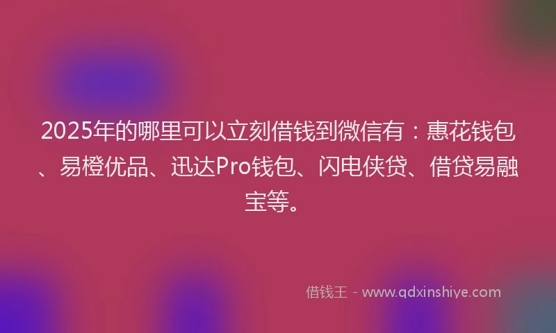 2025年的哪里可以立刻借钱到微信有：惠花钱包、易橙优品、迅达Pro钱包、闪电侠贷、借贷易融宝等。