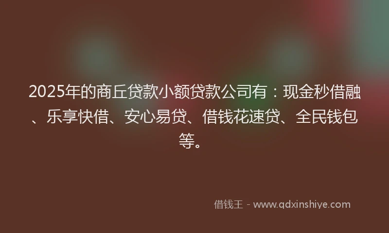 2025年的商丘贷款小额贷款公司有：现金秒借融、乐享快借、安心易贷、借钱花速贷、全民钱包等。