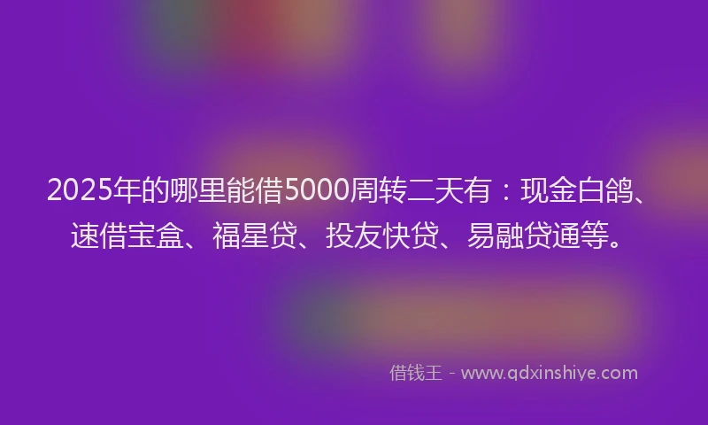 2025年的哪里能借5000周转二天有：现金白鸽、速借宝盒、福星贷、投友快贷、易融贷通等。