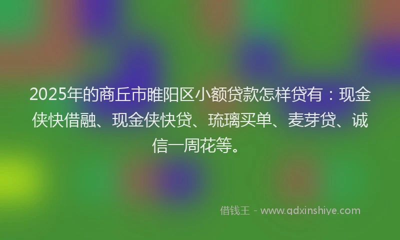 2025年的商丘市睢阳区小额贷款怎样贷有：现金侠快借融、现金侠快贷、琉璃买单、麦芽贷、诚信一周花等。