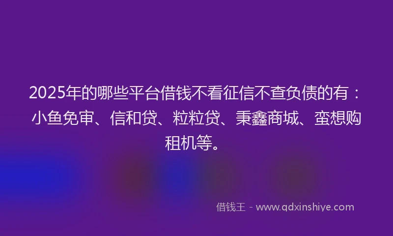 2025年的哪些平台借钱不看征信不查负债的有:小鱼免审、信和贷、粒粒贷、秉鑫商城、蛮想购租机等。