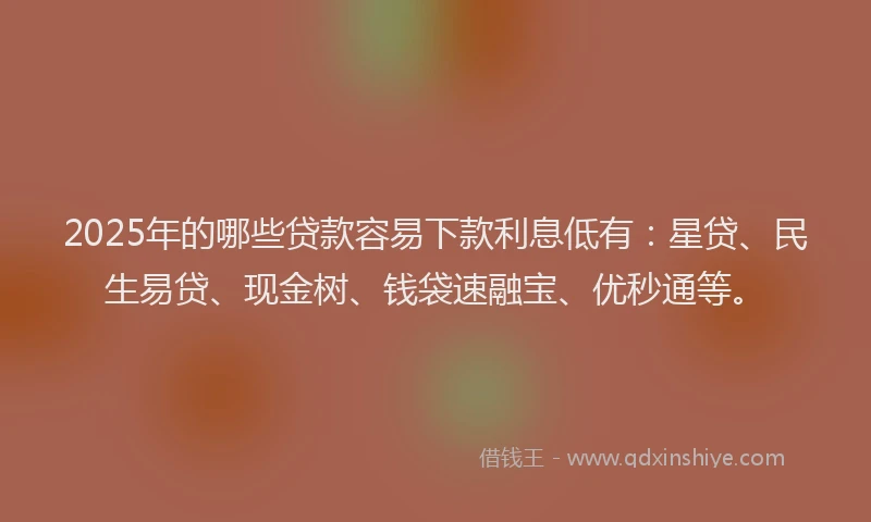 2025年的哪些贷款容易下款利息低有：星贷、民生易贷、现金树、钱袋速融宝、优秒通等。