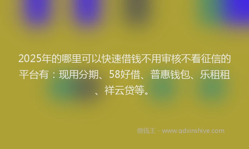 2025年的哪里可以快速借钱不用审核不看征信的平台有：现用分期、58好借、普惠钱包、乐租租、祥云贷等。