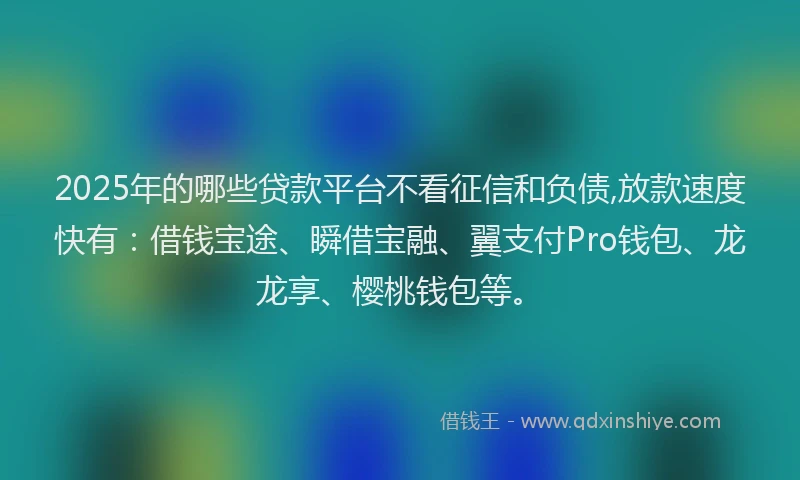 2025年的哪些贷款平台不看征信和负债,放款速度快有：借钱宝途、瞬借宝融、翼支付Pro钱包、龙龙享、樱桃钱包等。