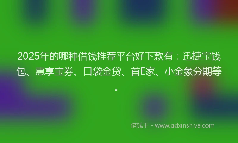 2025年的哪种借钱推荐平台好下款有：迅捷宝钱包、惠享宝券、口袋金贷、首E家、小金象分期等。