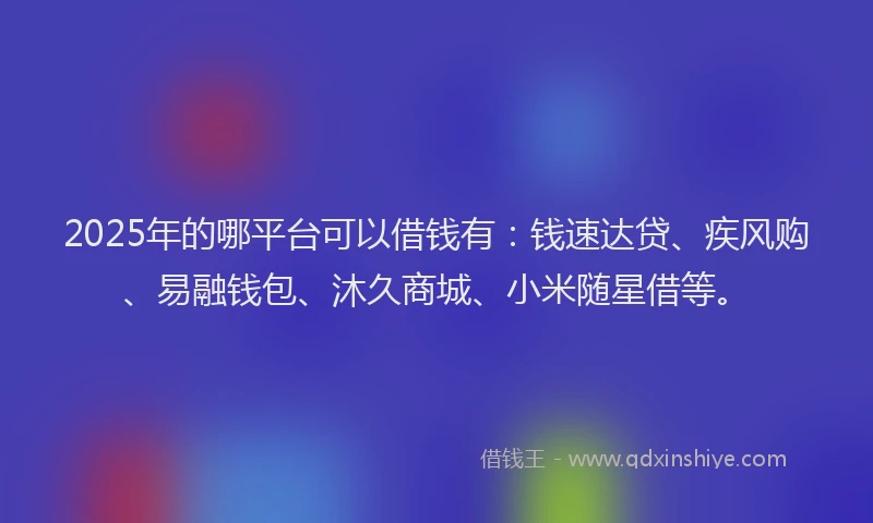 2025年的哪平台可以借钱有：钱速达贷、疾风购、易融钱包、沐久商城、小米随星借等。