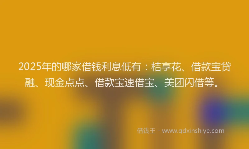 2025年的哪家借钱利息低有：桔享花、借款宝贷融、现金点点、借款宝速借宝、美团闪借等。