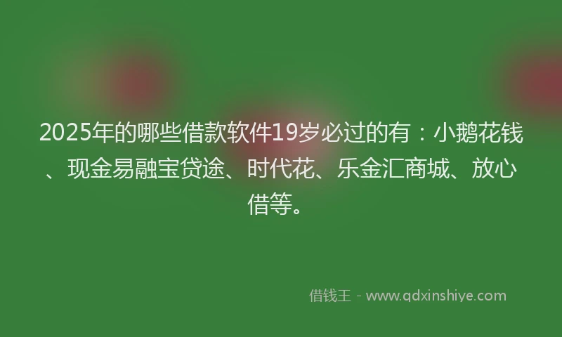 2025年的哪些借款软件19岁必过的有：小鹅花钱、现金易融宝贷途、时代花、乐金汇商城、放心借等。