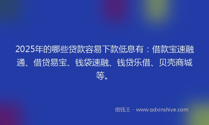 2025年的哪些贷款容易下款低息有：借款宝速融通、借贷易宝、钱袋速融、钱贷乐借、贝壳商城等。