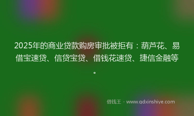 2025年的商业贷款购房审批被拒有：葫芦花、易借宝速贷、信贷宝贷、借钱花速贷、捷信金融等。