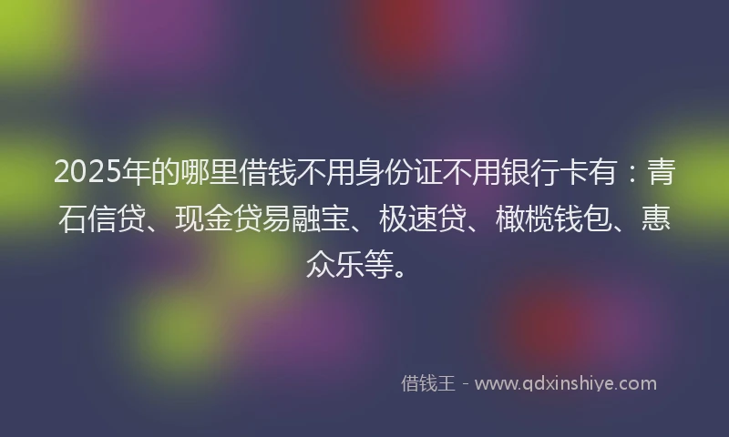 2025年的哪里借钱不用身份证不用银行卡有：青石信贷、现金贷易融宝、极速贷、橄榄钱包、惠众乐等。