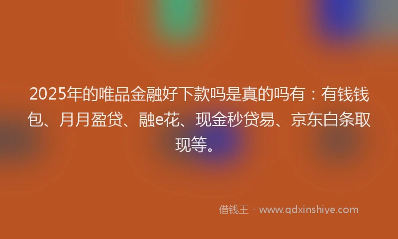 2025年的唯品金融好下款吗是真的吗有:有钱钱包、月月盈贷、融e花、现金秒贷易、京东白条取现等。