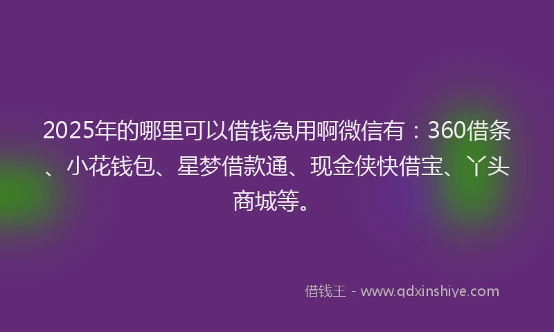 2025年的哪里可以借钱急用啊微信有：360借条、小花钱包、星梦借款通、现金侠快借宝、丫头商城等。