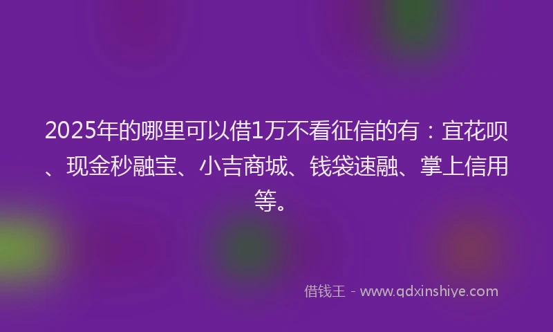 2025年的哪里可以借1万不看征信的有：宜花呗、现金秒融宝、小吉商城、钱袋速融、掌上信用等。