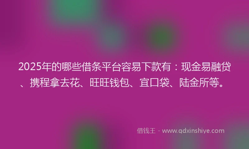 2025年的哪些借条平台容易下款有：现金易融贷、携程拿去花、旺旺钱包、宜口袋、陆金所等。