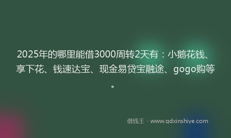 2025年的哪里能借3000周转2天有：小鹅花钱、享下花、钱速达宝、现金易贷宝融途、gogo购等。