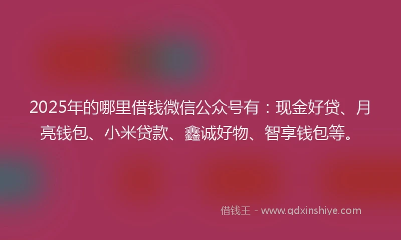 2025年的哪里借钱微信公众号有:现金好贷、月亮钱包、小米贷款、鑫诚好物、智享钱包等。
