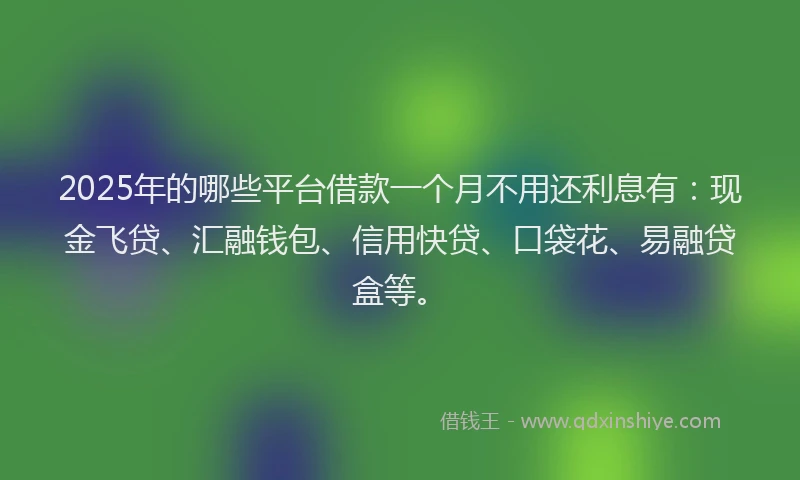 2025年的哪些平台借款一个月不用还利息有：现金飞贷、汇融钱包、信用快贷、口袋花、易融贷盒等。