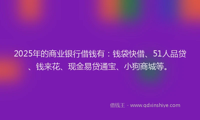 2025年的商业银行借钱有：钱袋快借、51人品贷、钱来花、现金易贷通宝、小狗商城等。