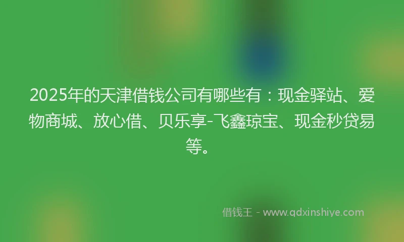 2025年的天津借钱公司有哪些有:现金驿站、爱物商城、放心借、贝乐享-飞鑫琼宝、现金秒贷易等。